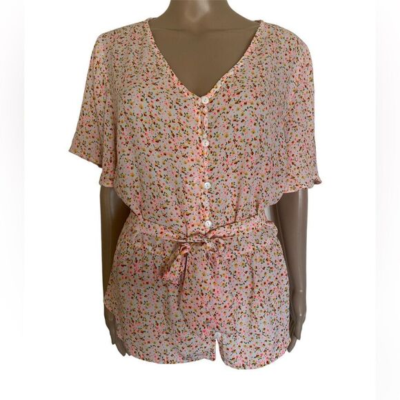 Active USA Multicolor Ditsy Floral Print Flare Short Sleeve Button Front Blouse - Picture 1 of 12